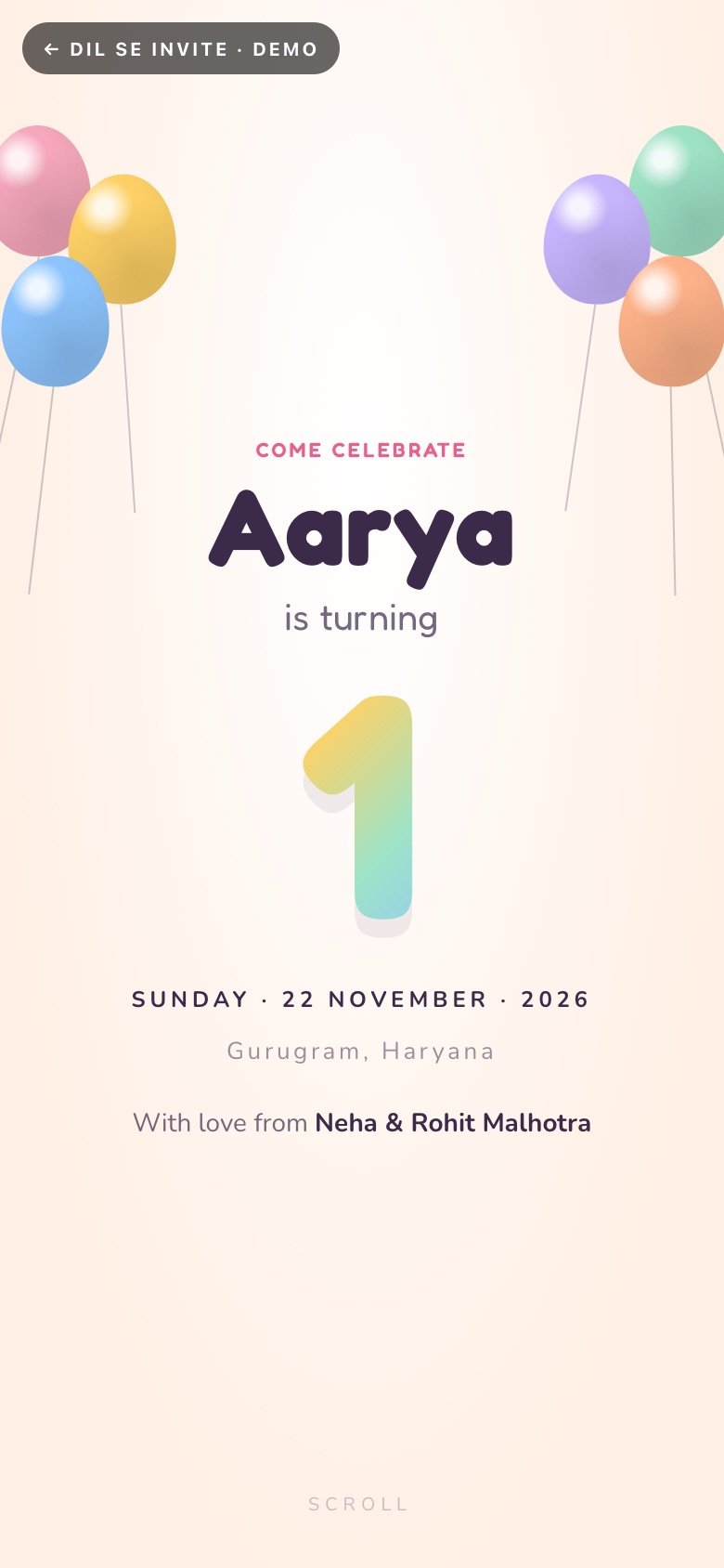 Balloon Party — Aarya turns 1 demo website