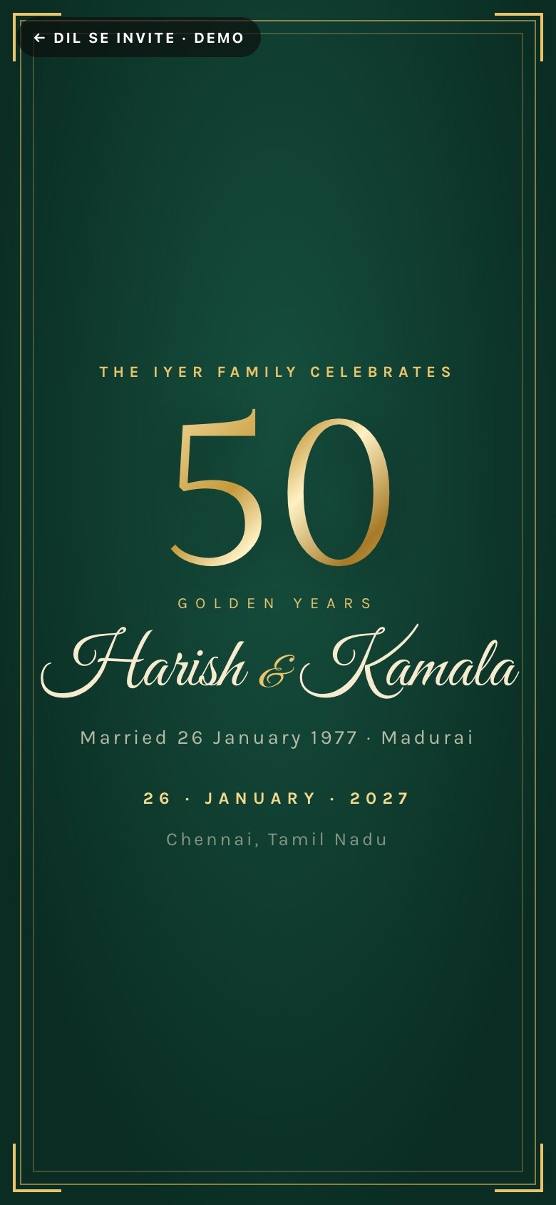 Golden 50 — Harish × Kamala · 50 years demo website