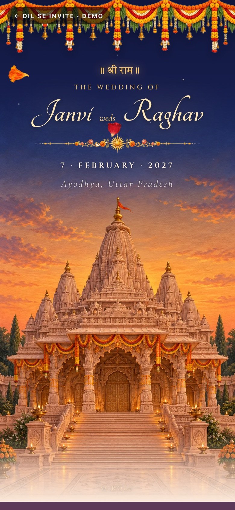 Ayodhya · Siya Ram — Janvi × Raghav demo website