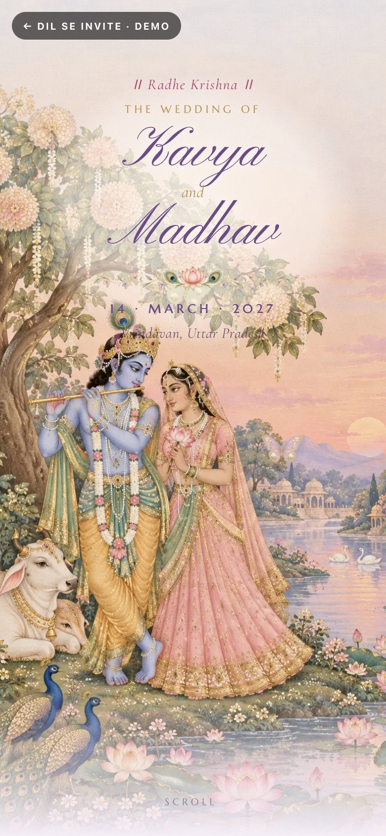 Vrindavan · Pastel Raas — Kavya × Madhav demo website