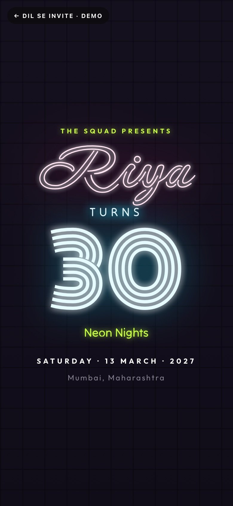 Neon Nights — Riya turns 30 demo website