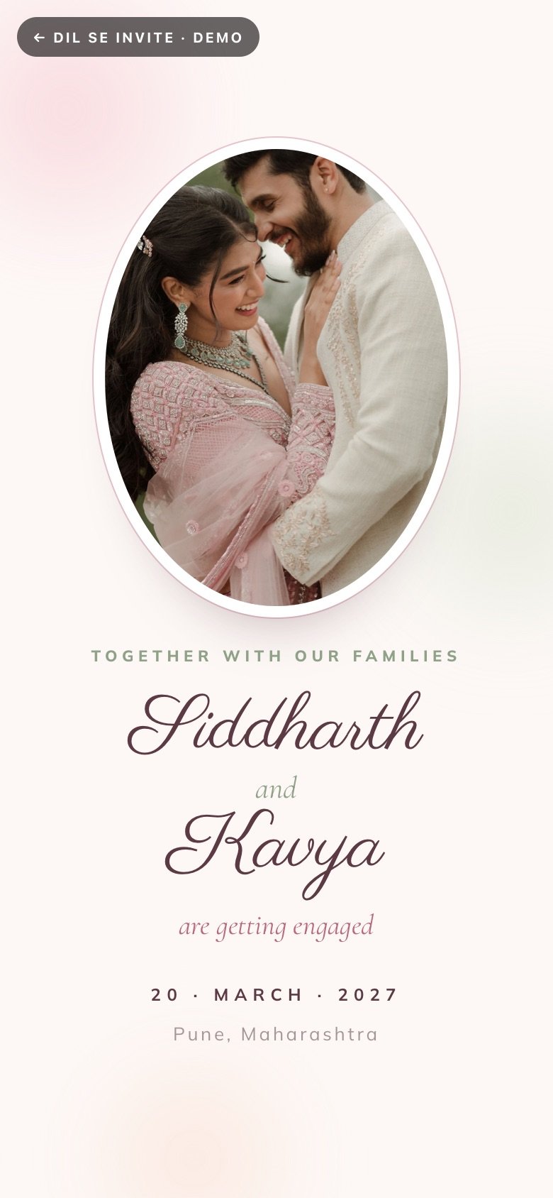 In Bloom · Sagai — Siddharth × Kavya demo website